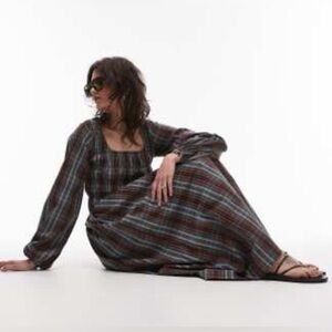 Topshop shirred long sleeve midi dress in blue vintage check